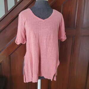 Womens Tahari Short Sleeve Pink Linen Top With Button Tab Sleeves & Side Slits